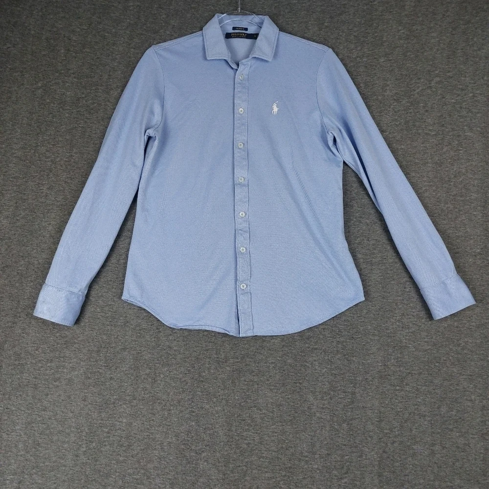 POLO GOLF RALPH LAUREN MENS BLUE WHITE TAILORED FIT LONG SLEEVE BUTTON UP POLO M